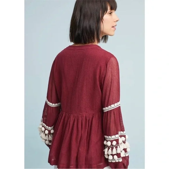 Anthropologie Boho Burgundy Blouse with Tassel Details - Picture 2 of 9